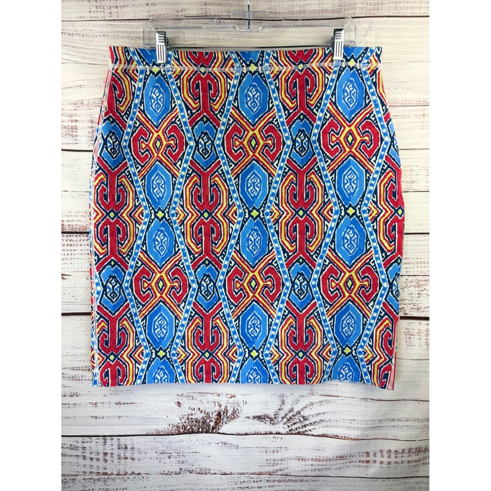 J.McLaughlin Halle Casavito XL Blue Red Geometric Print Stretch Pencil Skirt